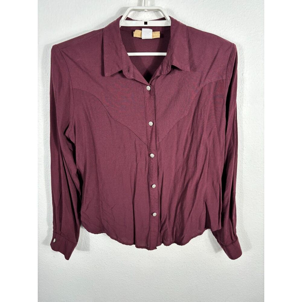 New Frontier Top Womens Large Western Maroon Long Sleeve Rayon Cowgirl Button Up